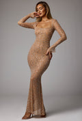 Chic Sheer Embellished Long Sleeve Evening Gown in Almond