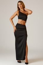 Chic Ruched Asymmetric-Waist Maxi Skirt in Black