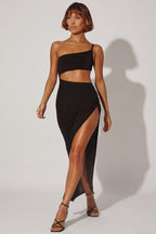 Chic One Shoulder Cut Out Maxi Dress in Black
