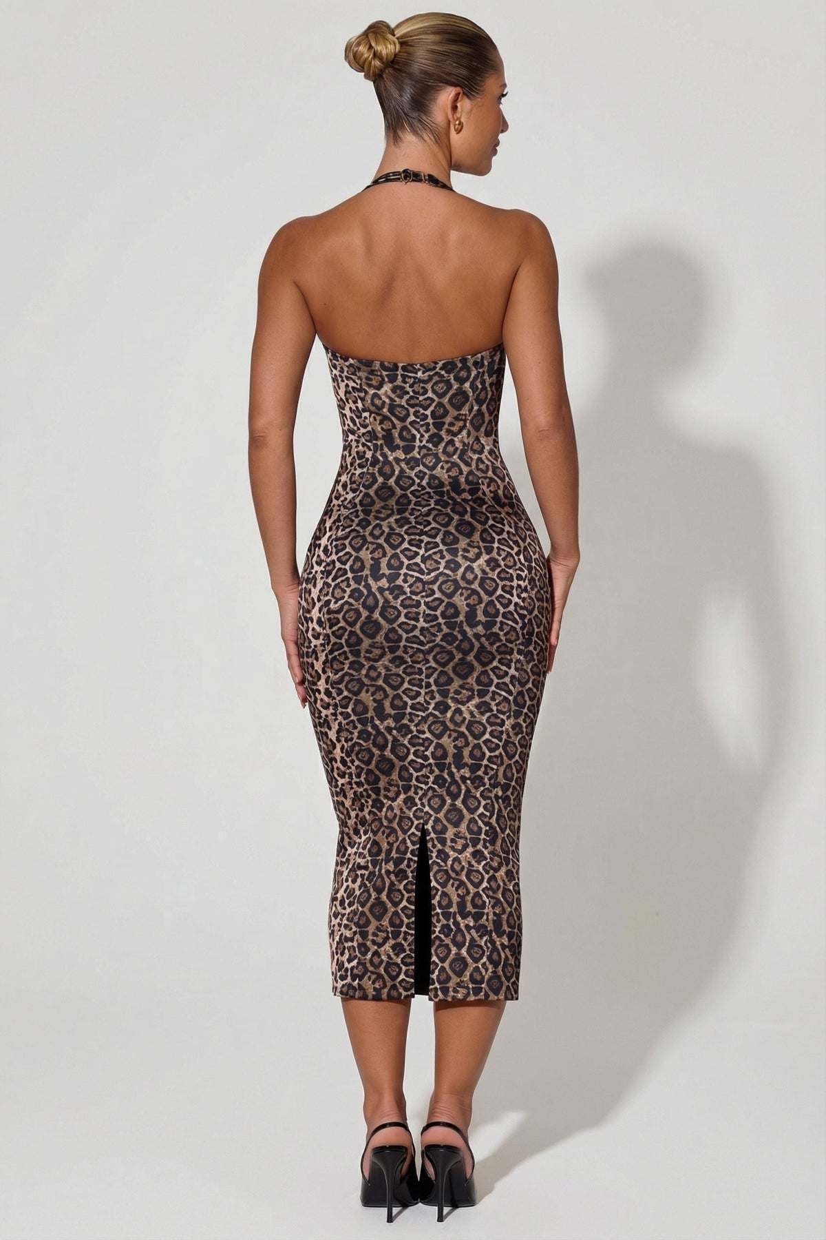 Chic Layered Halterneck Bodycon Midi Dress in Leopard Print