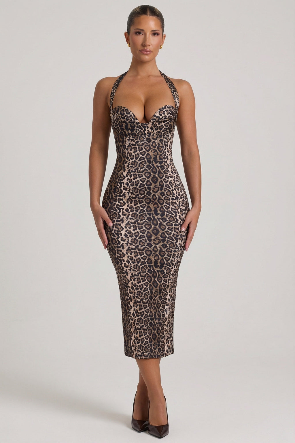Chic Layered Halterneck Bodycon Midi Dress in Leopard Print