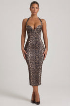 Chic Layered Halterneck Bodycon Midi Dress in Leopard Print