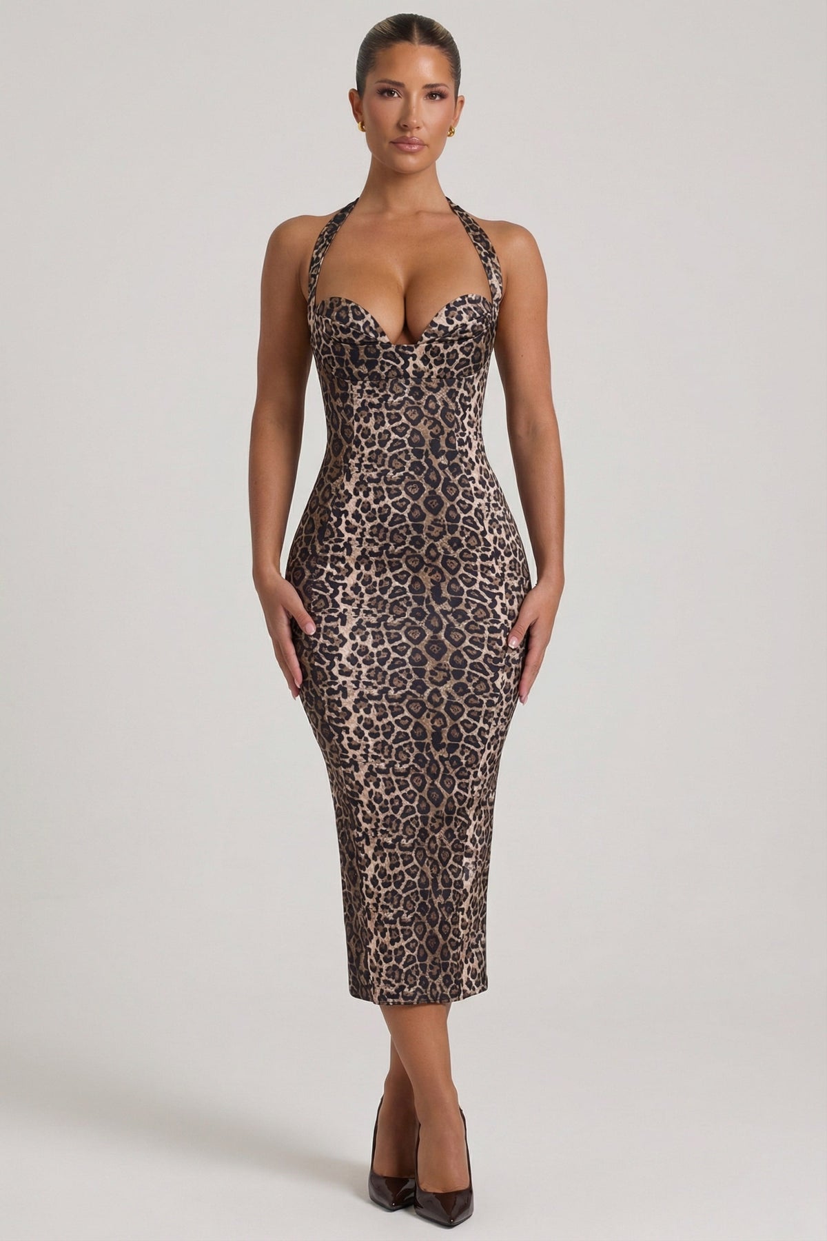 Chic Layered Halterneck Bodycon Midi Dress in Leopard Print