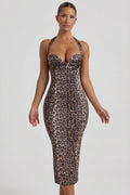 Chic Layered Halterneck Bodycon Midi Dress in Leopard Print