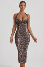 Chic Layered Halterneck Bodycon Midi Dress in Leopard Print