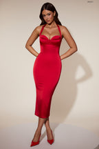 Chic Layered Halterneck Bodycon Midi Dress in Red