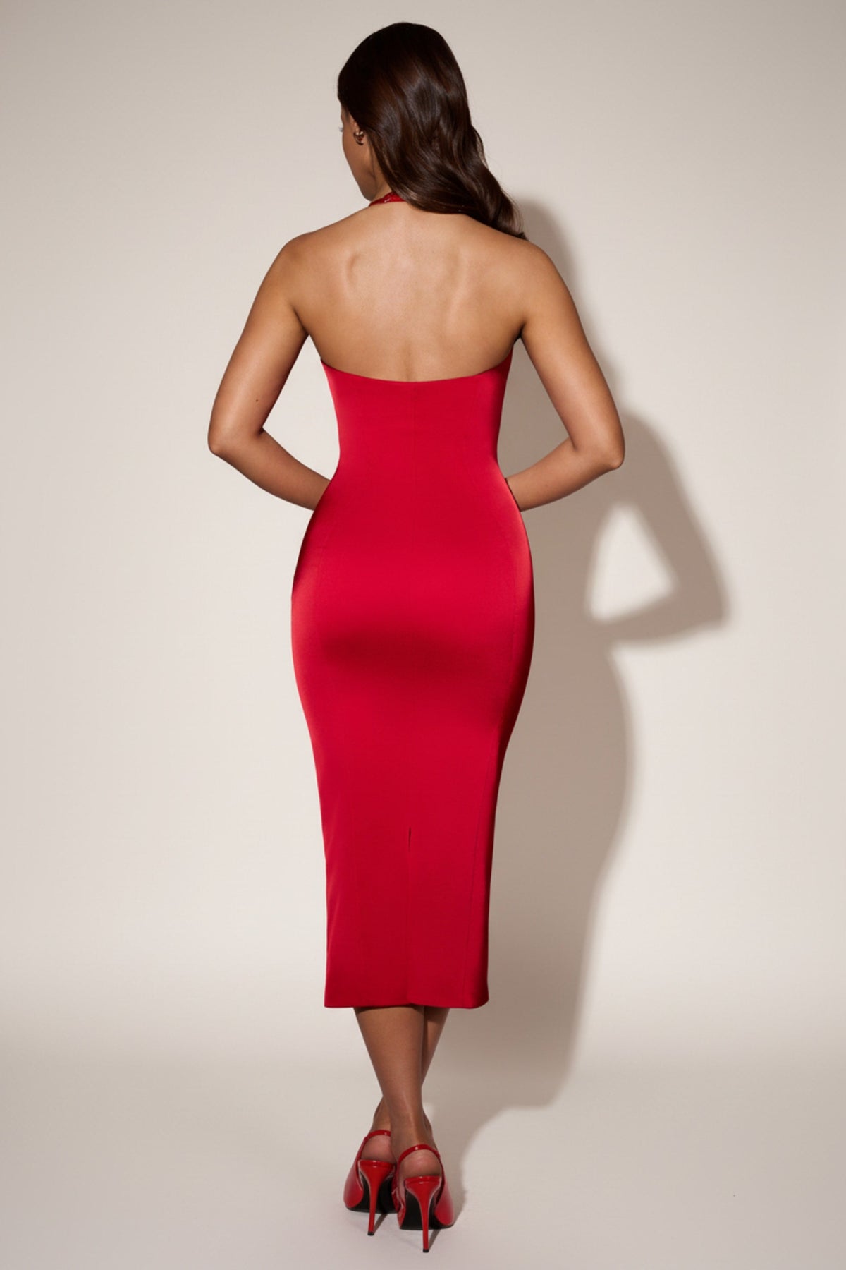 Chic Layered Halterneck Bodycon Midi Dress in Red
