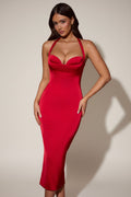 Chic Layered Halterneck Bodycon Midi Dress in Red