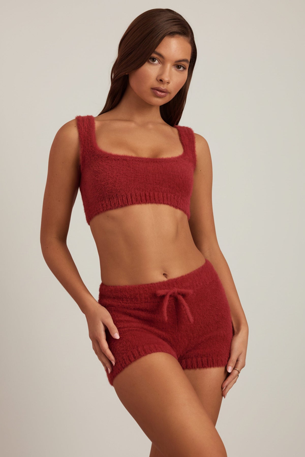 Chic Fluffy Knit Scoop-Neck Bralette in Ruby Red