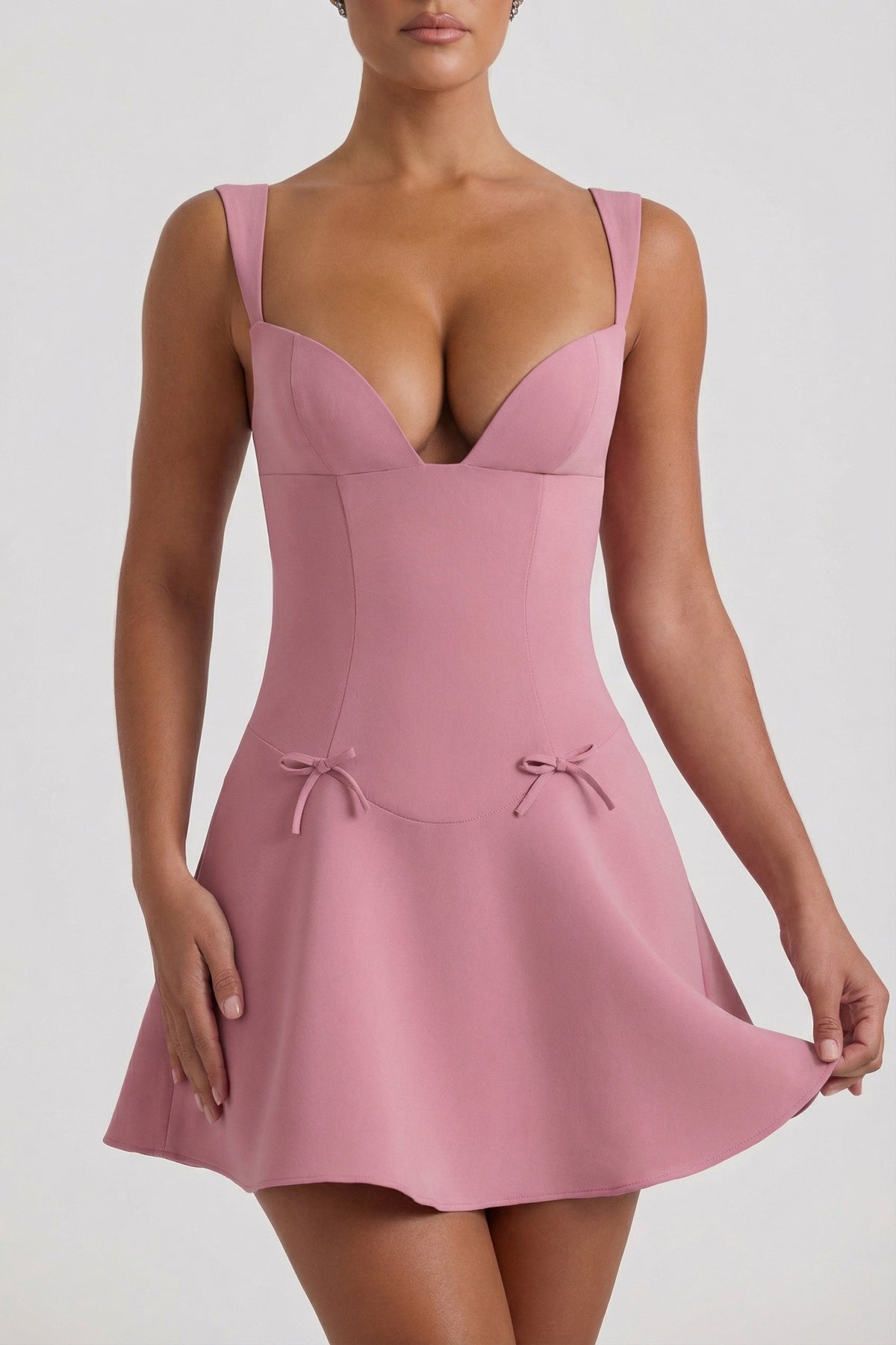 Chic Bow-Detail A-Line Mini Dress in Dusty Pink