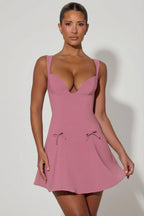 Chic Bow-Detail A-Line Mini Dress in Dusty Pink