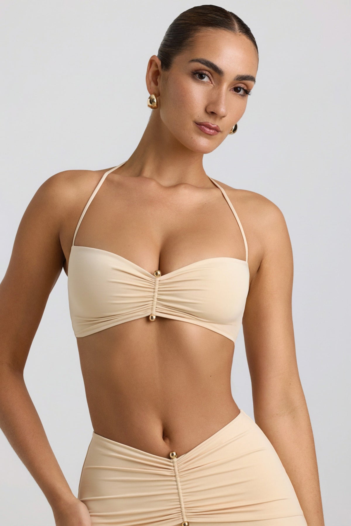 Chic Slinky Jersey Hardware Detail Halterneck Bralette in Buttercream