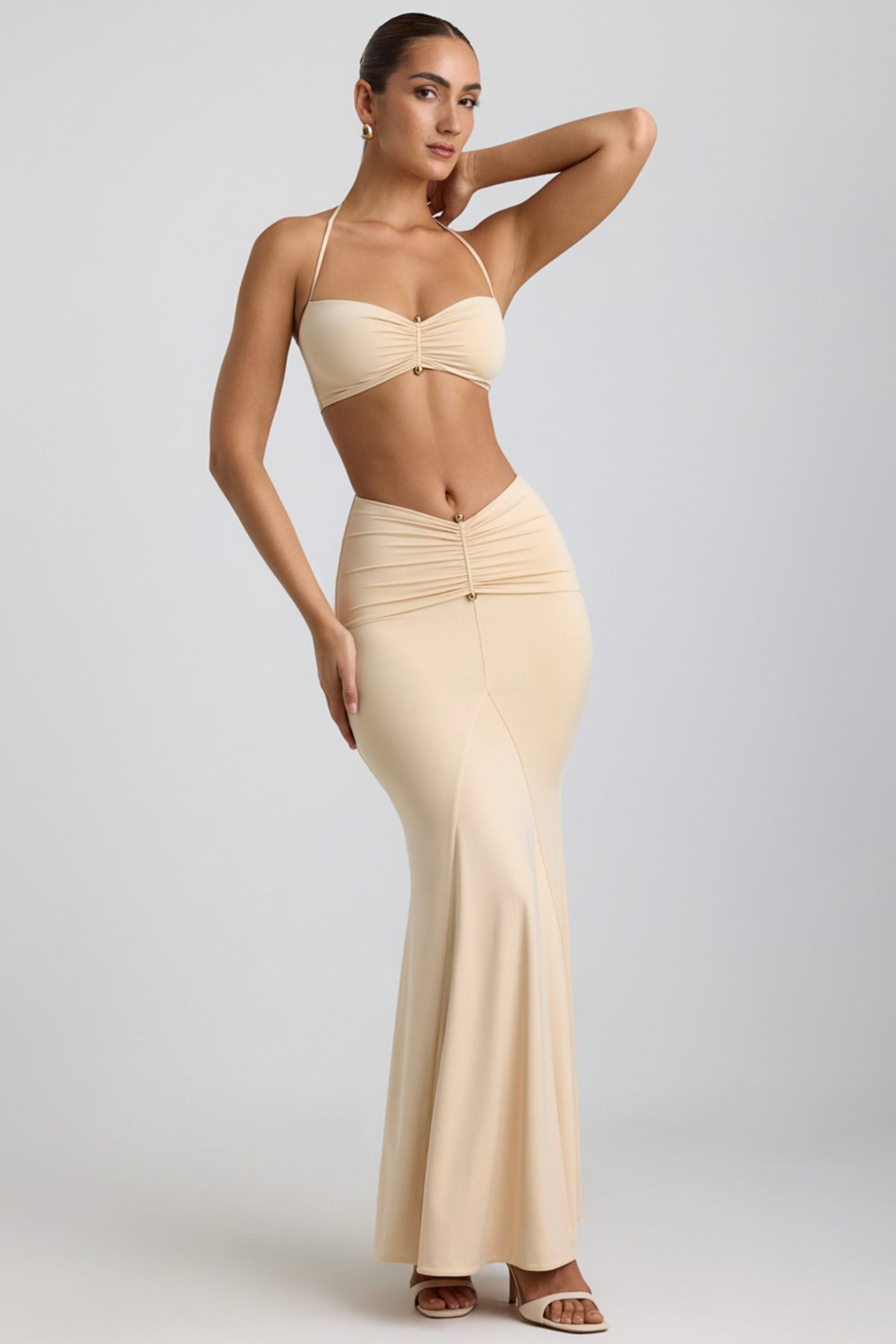 Chic Slinky Jersey Hardware Detail Halterneck Bralette in Buttercream