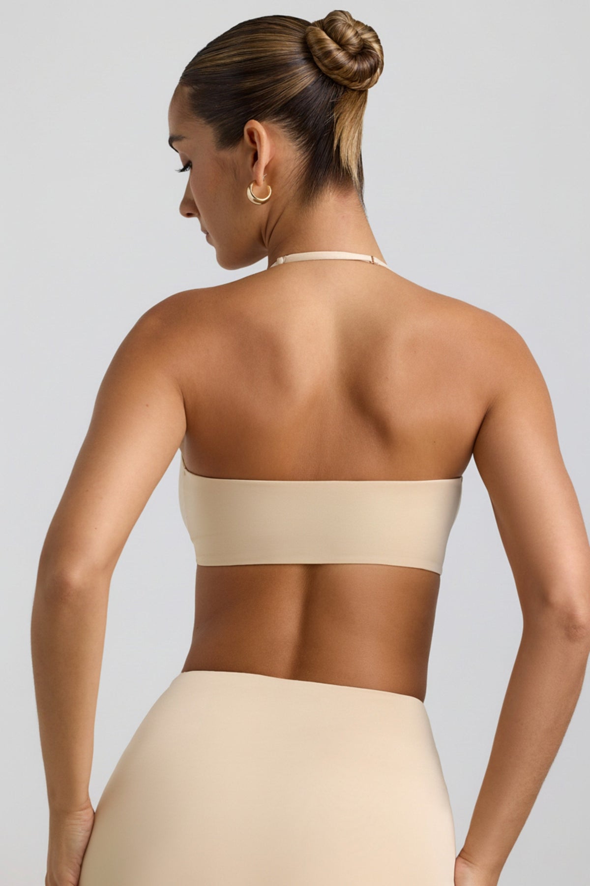 Chic Slinky Jersey Hardware Detail Halterneck Bralette in Buttercream