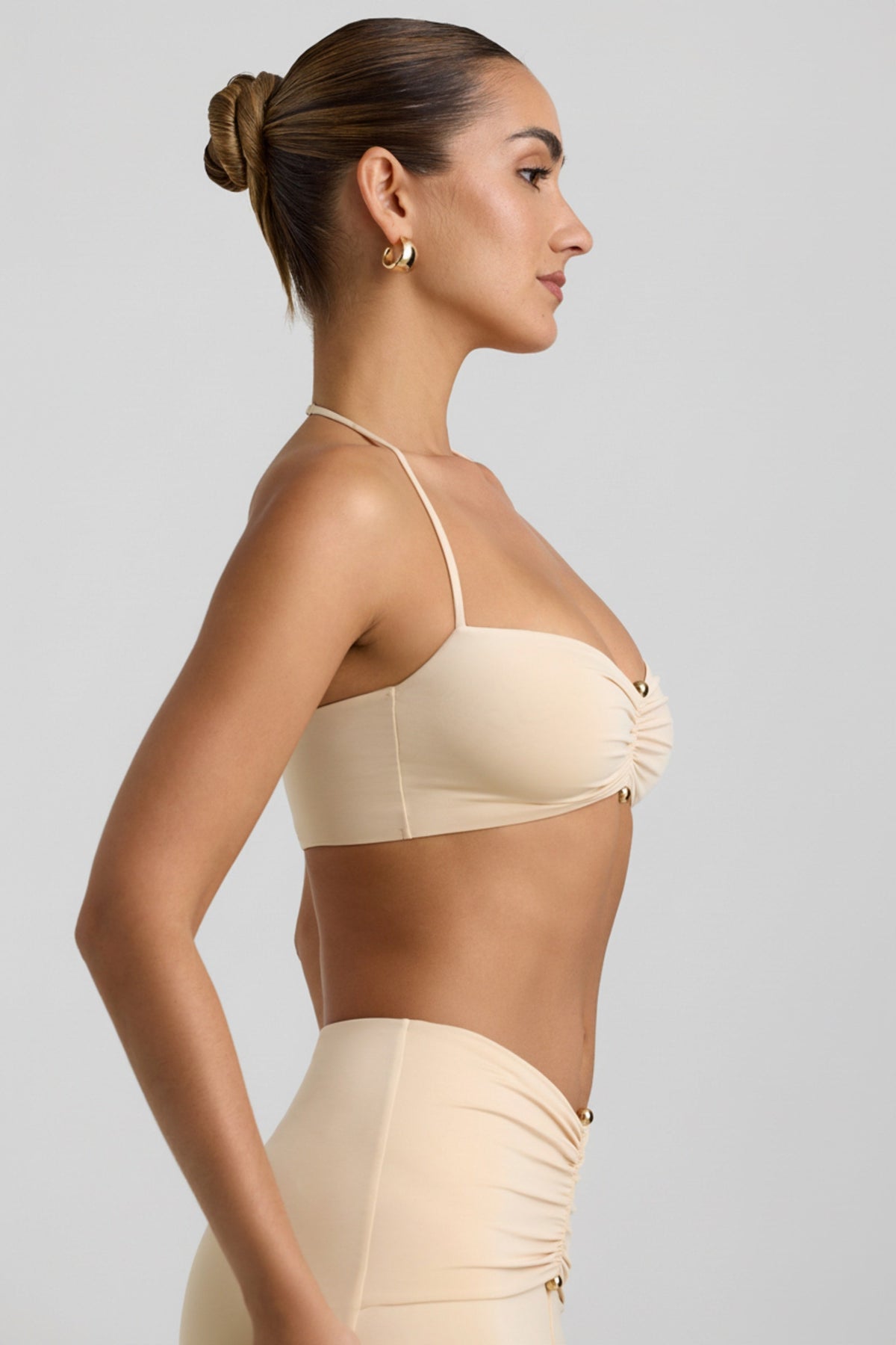 Chic Slinky Jersey Hardware Detail Halterneck Bralette in Buttercream