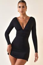 Chic Modal Ruched Plunge A-Line Mini Dress in Black