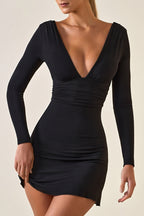 Chic Modal Ruched Plunge A-Line Mini Dress in Black