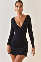 Chic Modal Ruched Plunge A-Line Mini Dress in Black