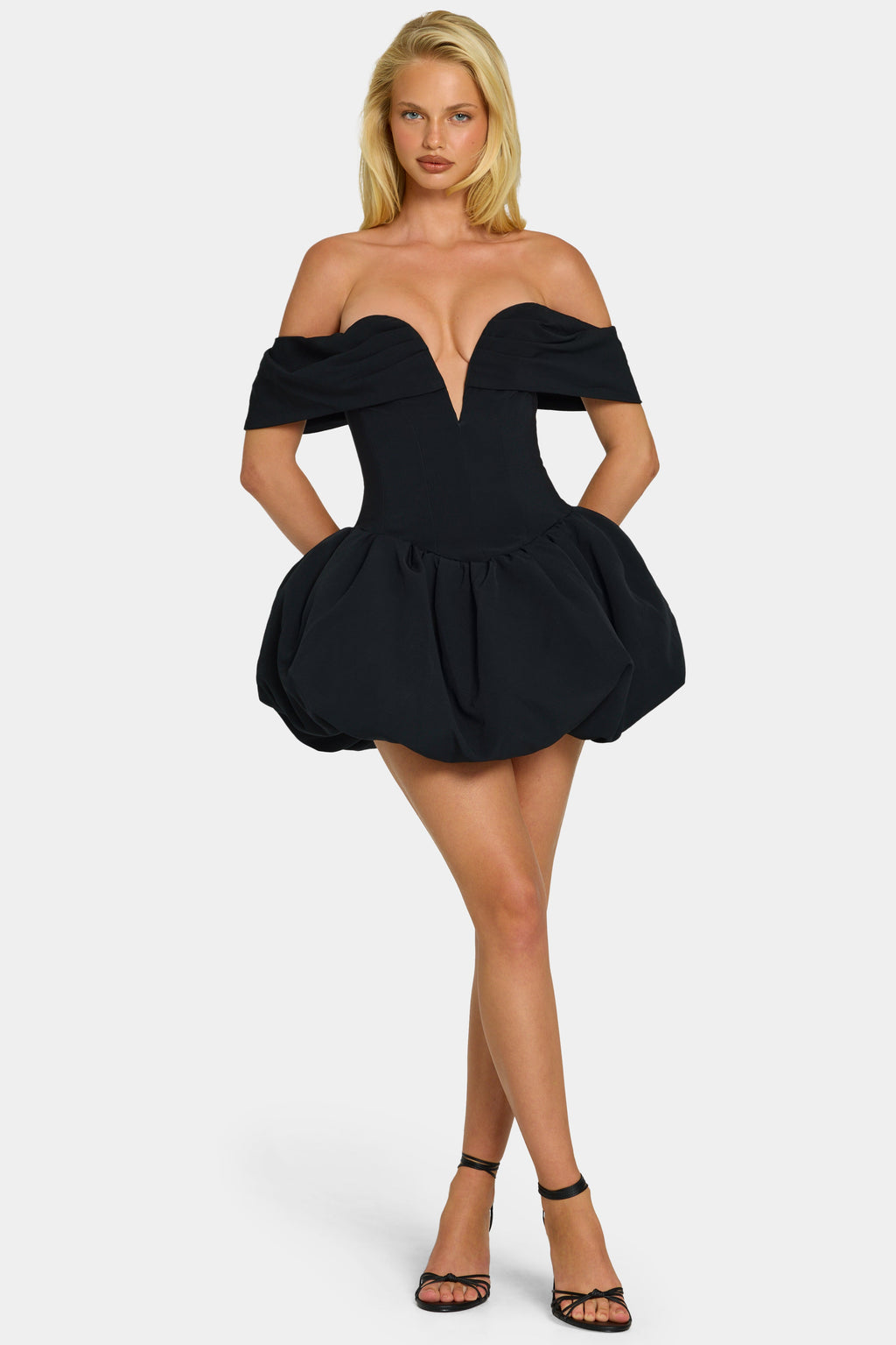 Chic Off-Shoulder Layered Bubble Hem Corset Mini Dress in Black