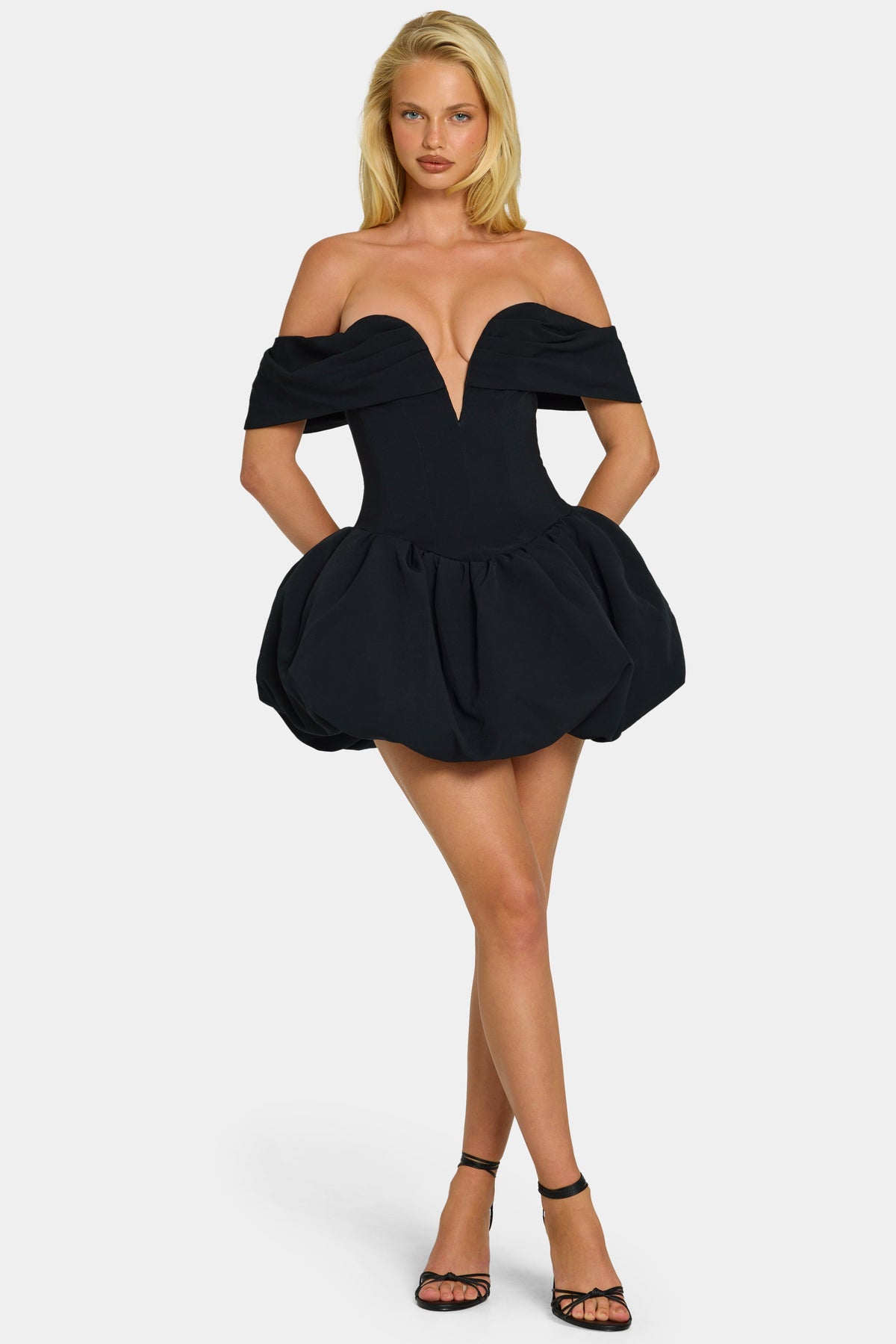 Chic Off-Shoulder Layered Bubble Hem Corset Mini Dress in Black