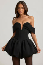 Chic Off-Shoulder Layered Bubble Hem Corset Mini Dress in Black