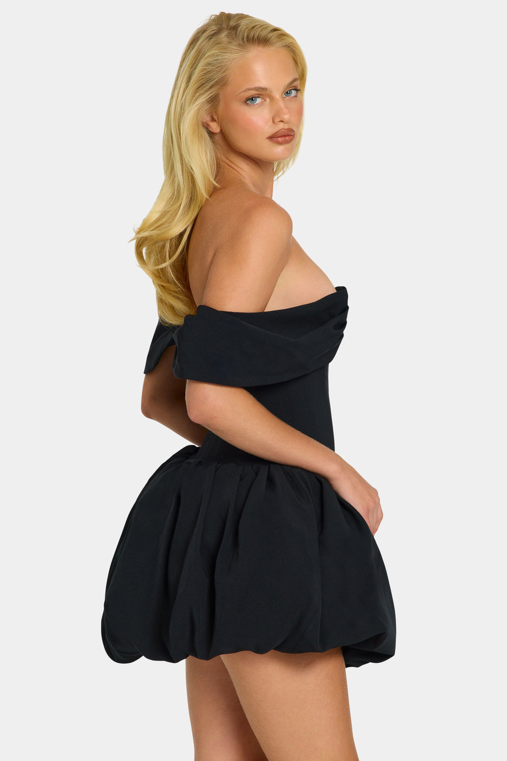 Chic Off-Shoulder Layered Bubble Hem Corset Mini Dress in Black