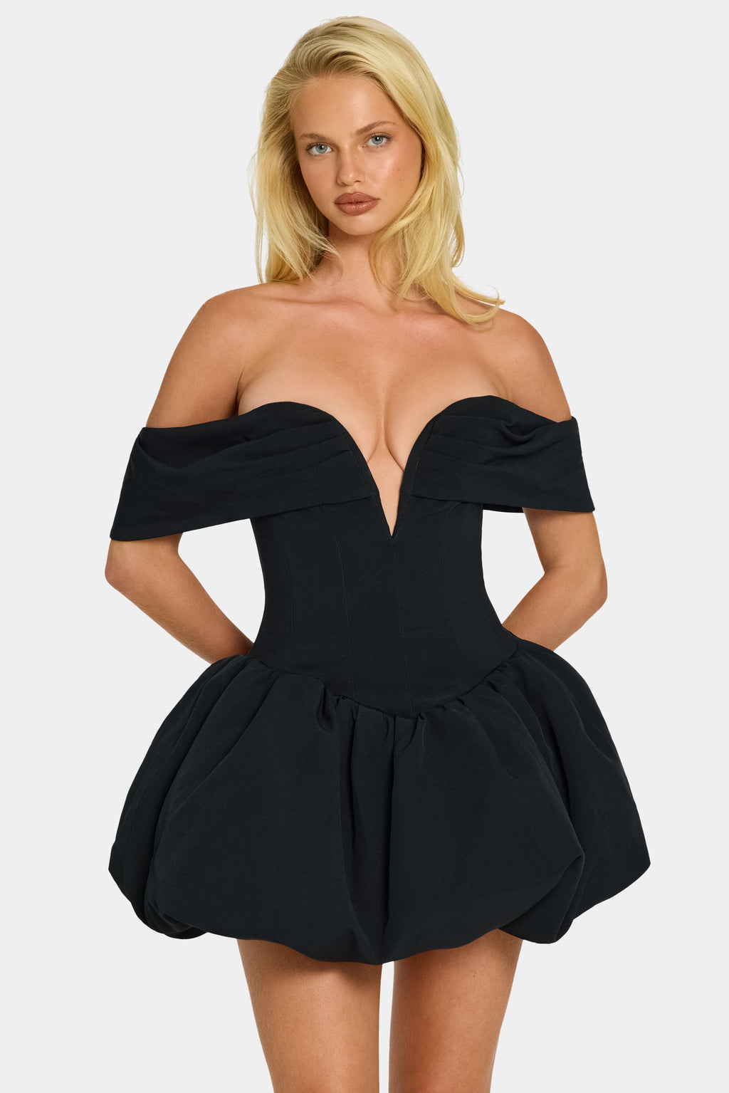 Chic Off-Shoulder Layered Bubble Hem Corset Mini Dress in Black