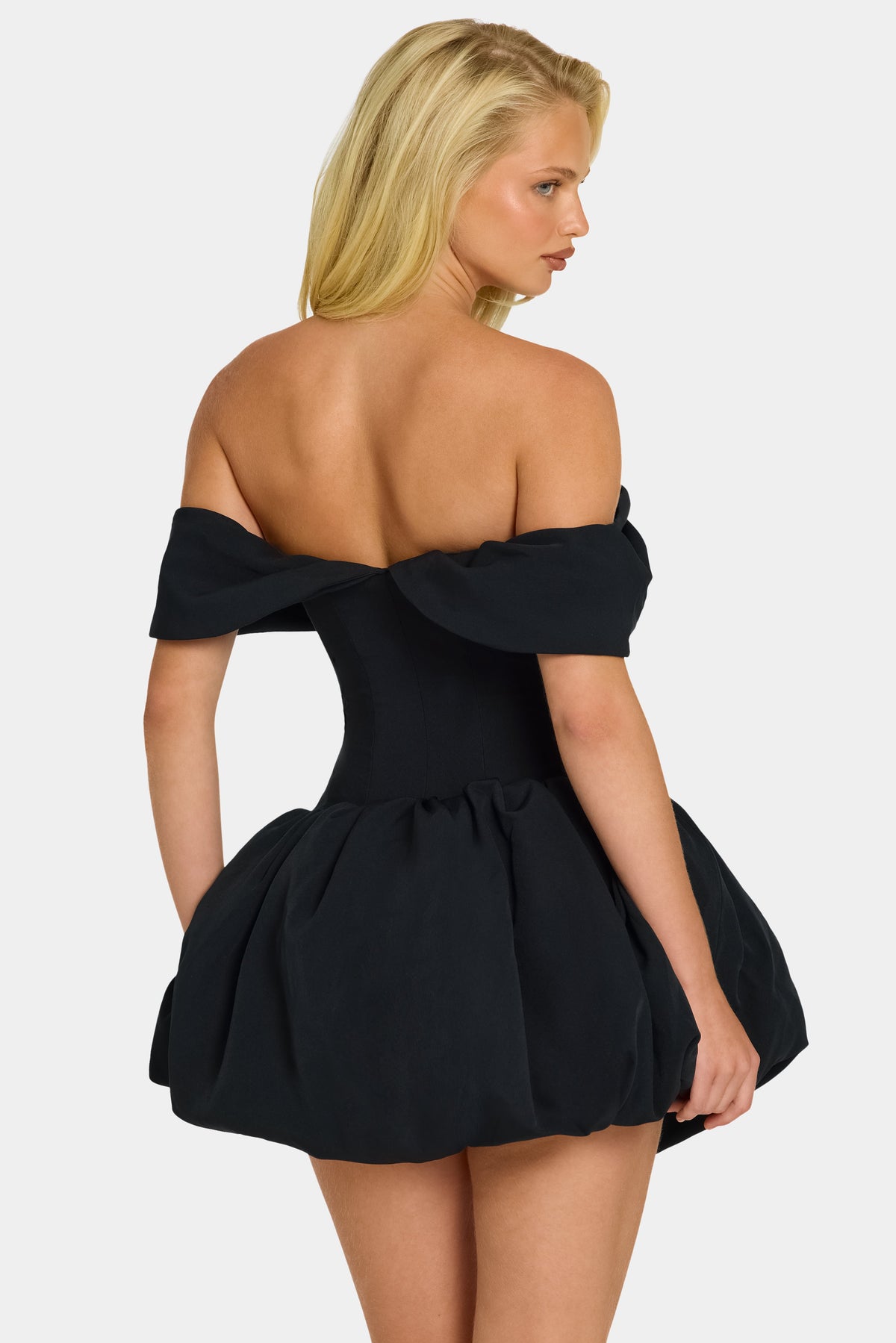 Chic Off-Shoulder Layered Bubble Hem Corset Mini Dress in Black