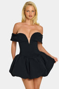 Chic Off-Shoulder Layered Bubble Hem Corset Mini Dress in Black