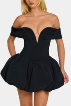 Chic Off-Shoulder Layered Bubble Hem Corset Mini Dress in Black