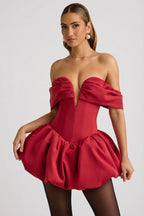 Chic Off-Shoulder Layered Bubble Hem Corset Mini Dress in True Red