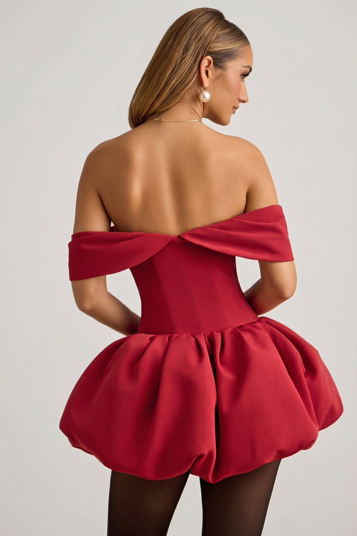 Chic Off-Shoulder Layered Bubble Hem Corset Mini Dress in True Red