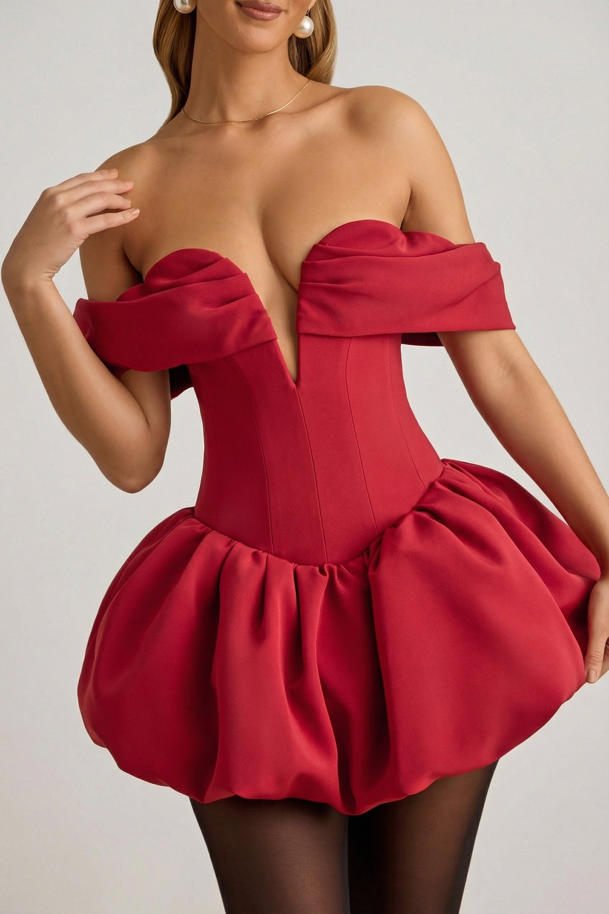 Chic Off-Shoulder Layered Bubble Hem Corset Mini Dress in True Red