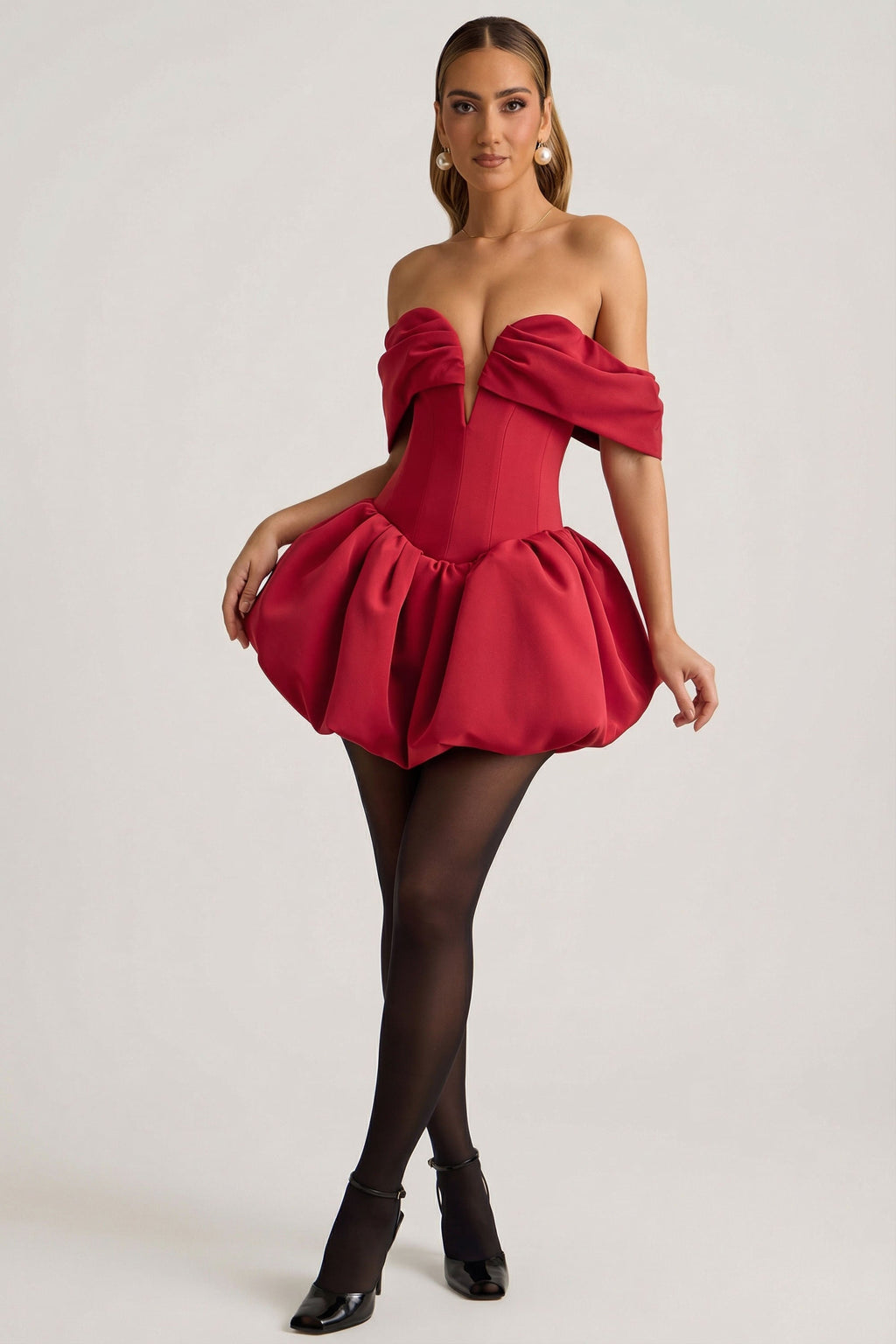 Chic Off-Shoulder Layered Bubble Hem Corset Mini Dress in True Red