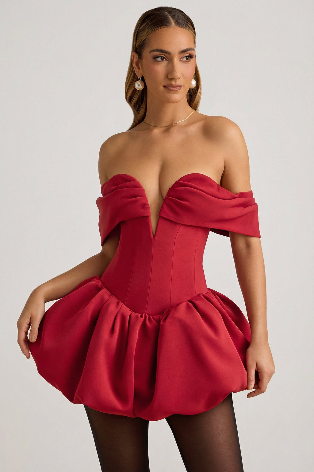 Chic Off-Shoulder Layered Bubble Hem Corset Mini Dress in True Red