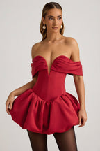 Chic Off-Shoulder Layered Bubble Hem Corset Mini Dress in True Red