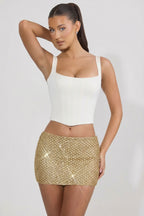 Chic Embellished Low-Rise Mini Skirt in Gold