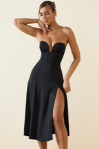 Chic Slinky Jersey Strapless A-Line Midaxi Dress in Black