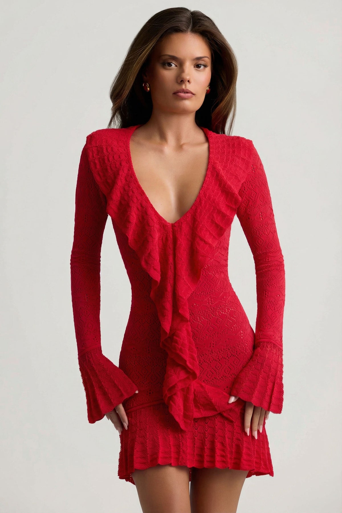 Chic Ruffle-Trim Pointelle-Knit Mini Dress in Cherry
