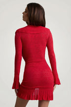 Chic Ruffle-Trim Pointelle-Knit Mini Dress in Cherry