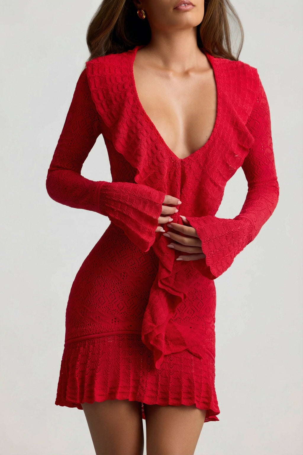 Chic Ruffle-Trim Pointelle-Knit Mini Dress in Cherry