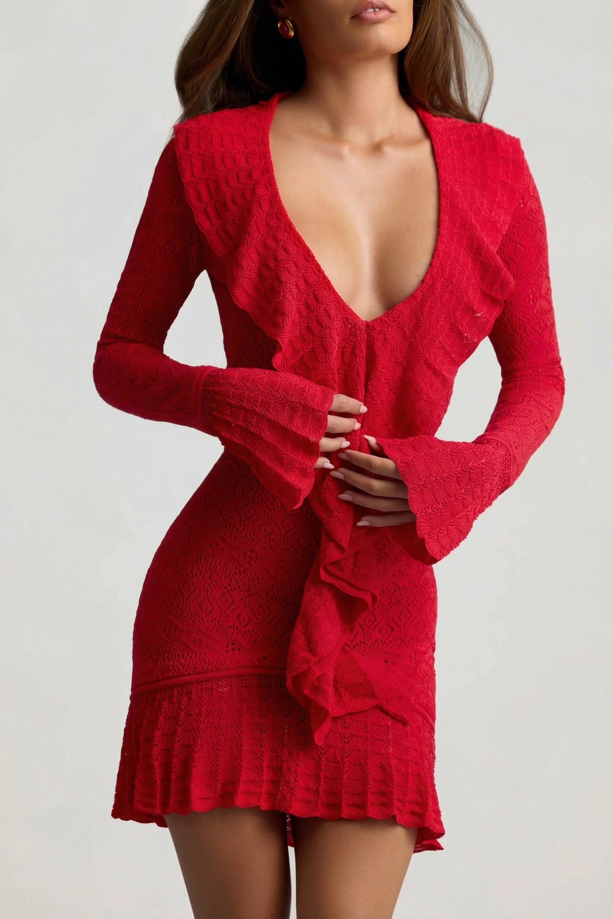 Chic Ruffle-Trim Pointelle-Knit Mini Dress in Cherry