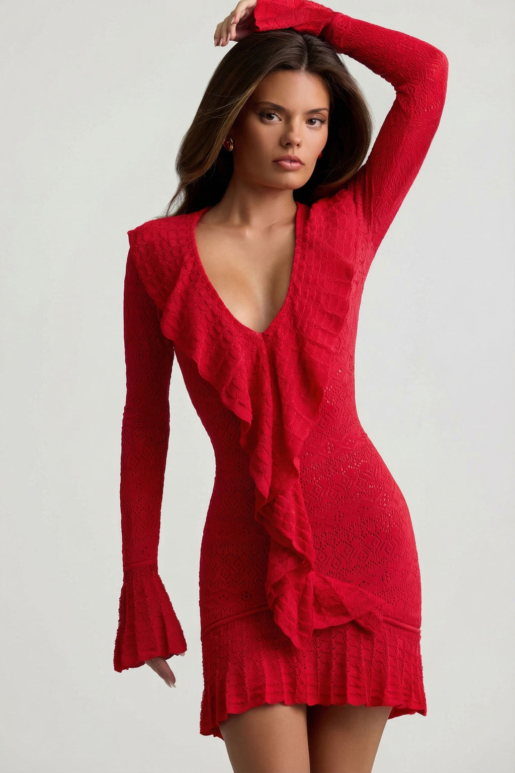 Chic Ruffle-Trim Pointelle-Knit Mini Dress in Cherry