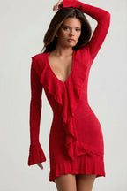 Chic Ruffle-Trim Pointelle-Knit Mini Dress in Cherry