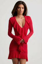 Chic Ruffle-Trim Pointelle-Knit Mini Dress in Cherry