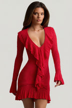 Chic Ruffle-Trim Pointelle-Knit Mini Dress in Cherry