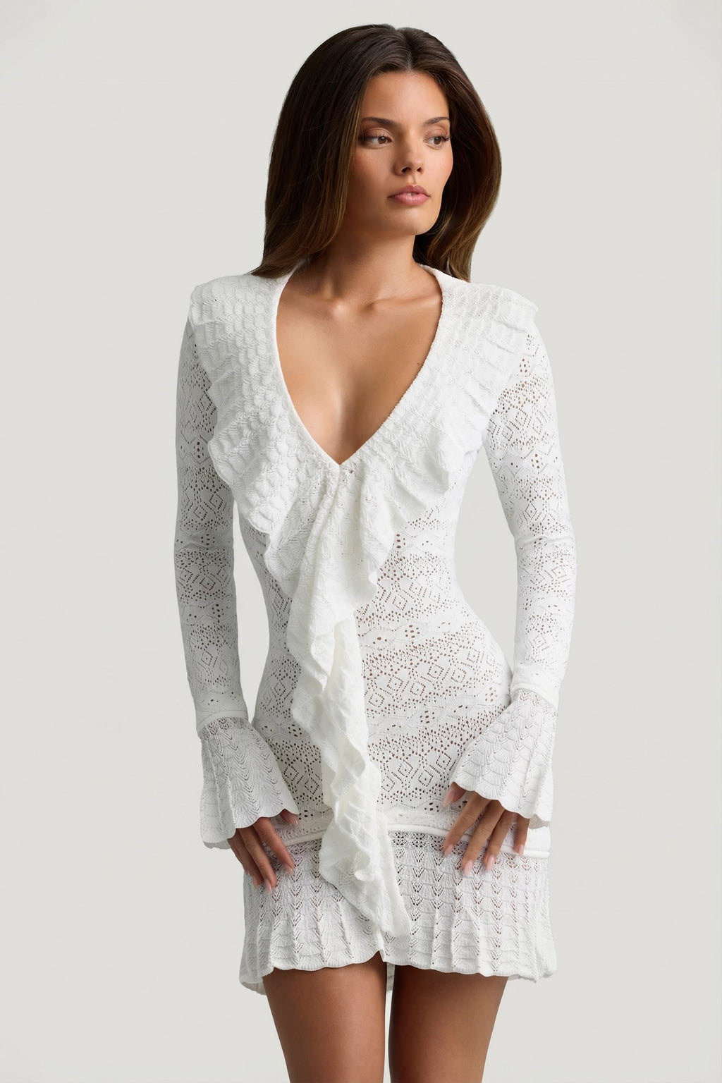 Chic Ruffle-Trim Pointelle-Knit Mini Dress in Coconut