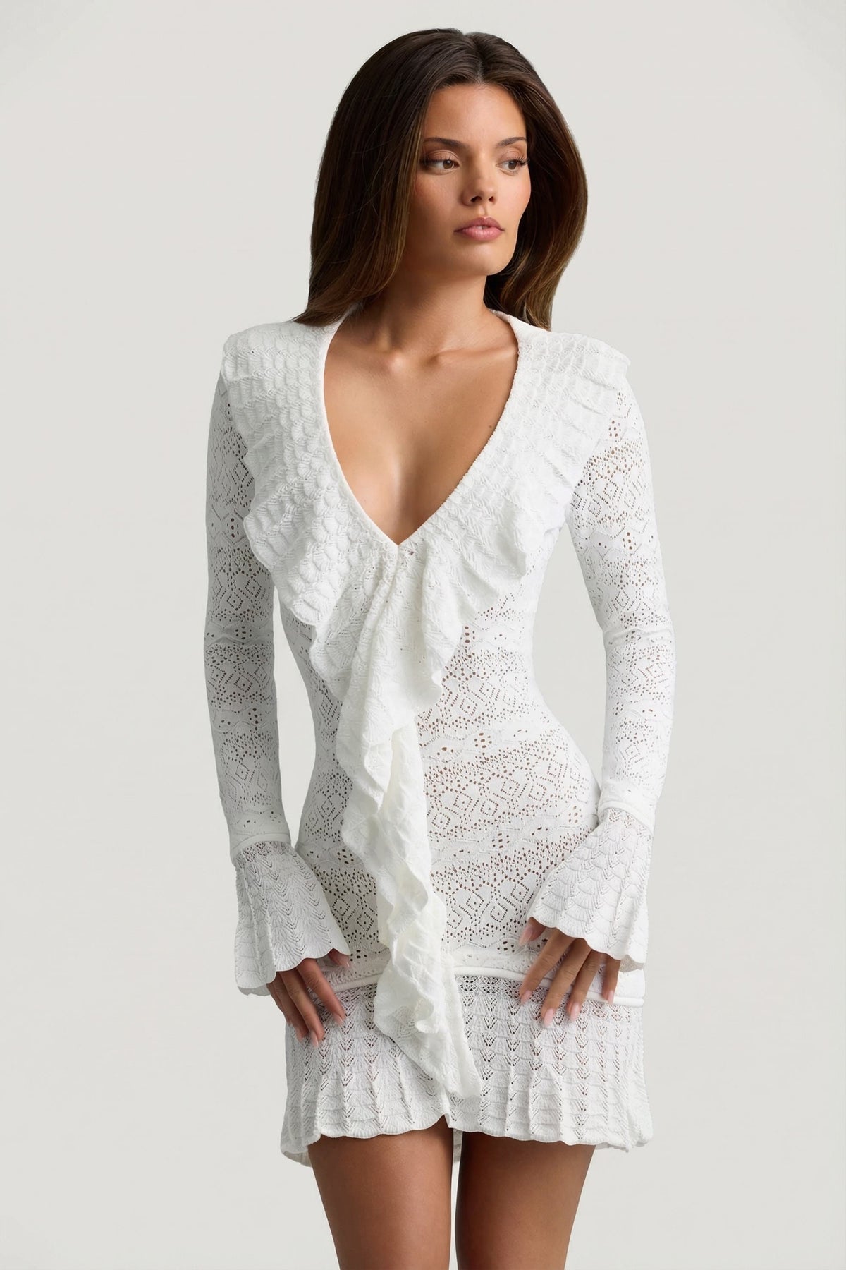 Chic Ruffle-Trim Pointelle-Knit Mini Dress in Coconut