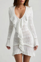 Chic Ruffle-Trim Pointelle-Knit Mini Dress in Coconut