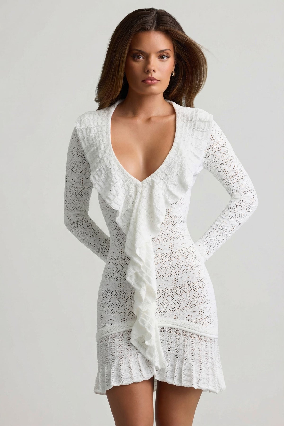 Chic Ruffle-Trim Pointelle-Knit Mini Dress in Coconut